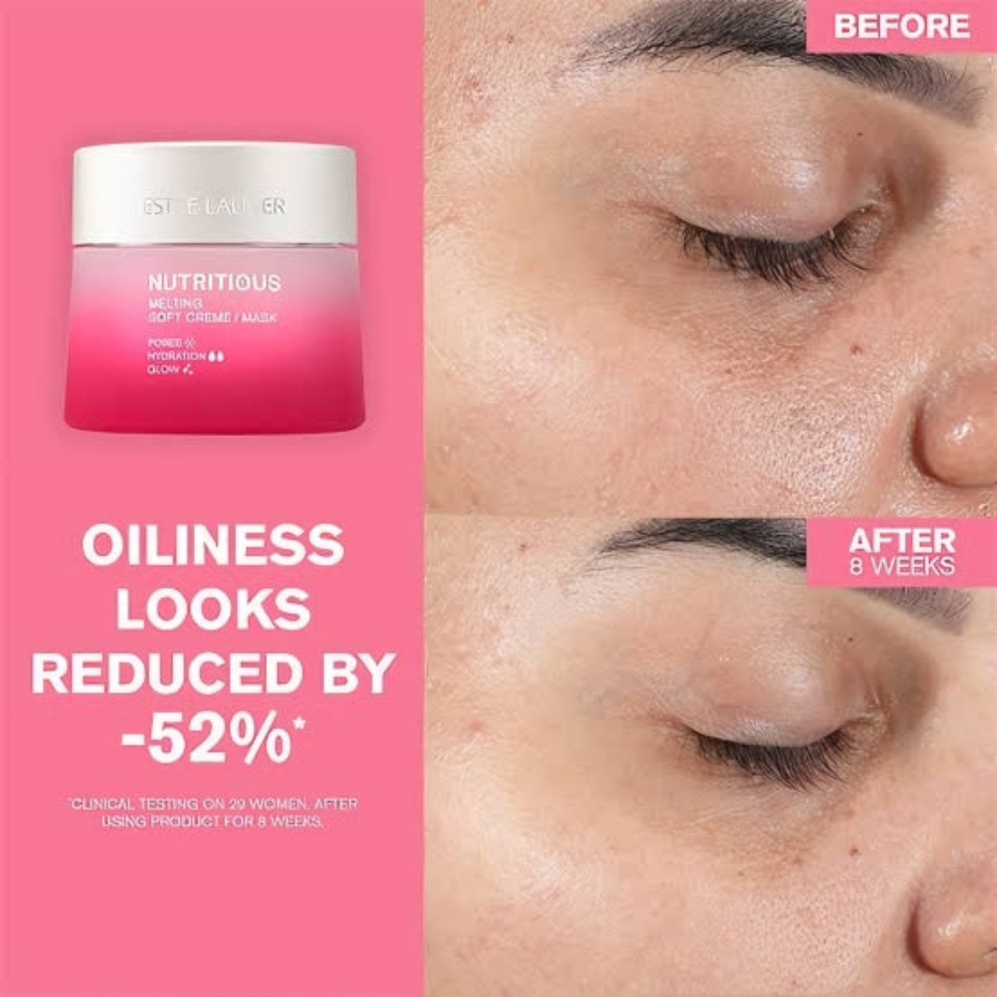 Before and after comparison of Estee Lauder Nutritious Melting Soft Creme with visible oiliness reduction 